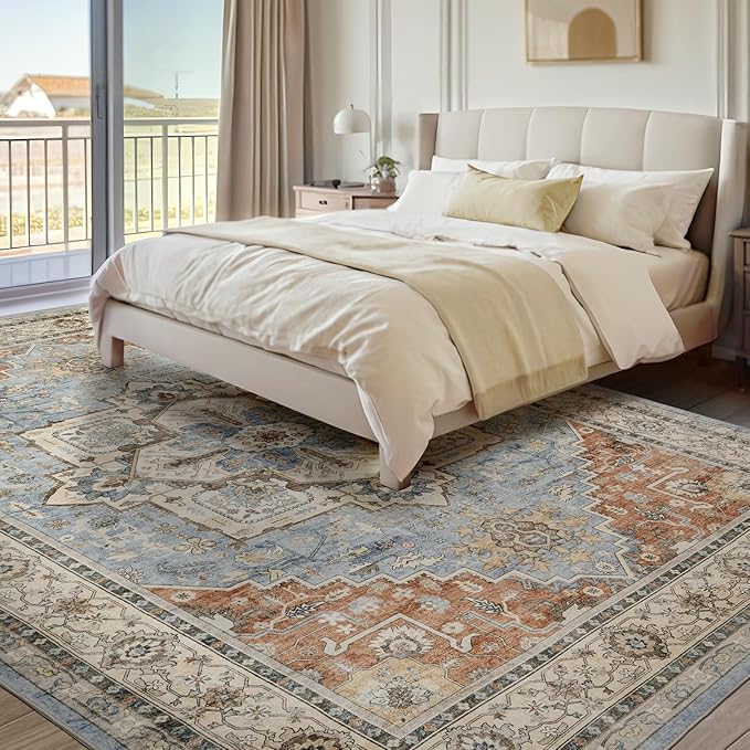 Area Rugs for Living Room 6x9 - Machine Washable Vintage Oriental Soft Rug, Low Pile Thin Floor Carpet with Non Slip Backing for Bedroom, Dorm, Under Dining Room Table, Indoor House, Office Decor