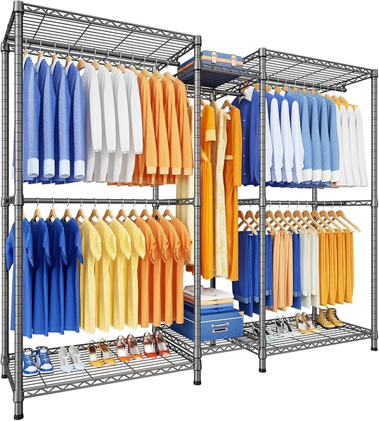 Ulif E12 Clothes Rack，Heavy Duty Freestanding Garment Rack with Shelves，Metal Clothing Closet Storage System for Hanging Clothes，71" W x 16" D x 76.5" H, Hold 960 lbs，Grey