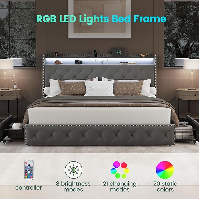 LARMACE King Bed Frame with 4 Storage Drawers and USB Charging Station Velvet Tufed Upholstered Platform Bed Frame with Headboard LED Light, Heavy Duty Platform/Noise Free, Easy Assembly, Grey