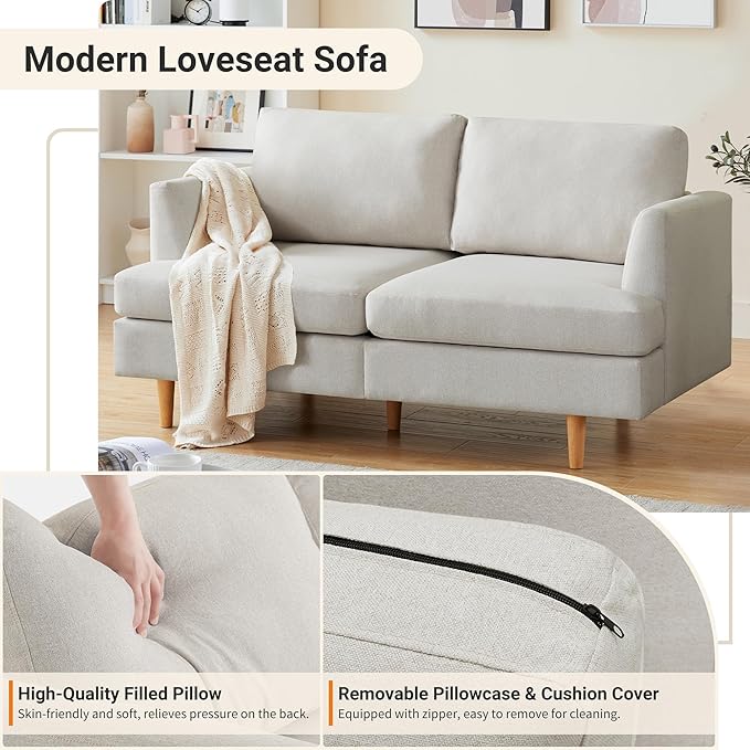 Loveseat Sofa 56" Mid Century Modern Small Couches for Small Spaces Love Seat with 2-Seat Upholstered Cushion Sofa Couches for Bedroom, Living Room, Apartment, Office (Beige)