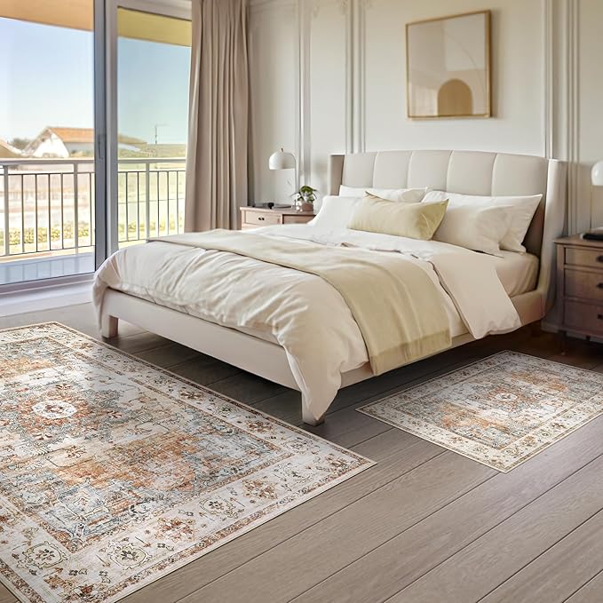 Area Rugs for Living Room 10x14 - Extra Large Machine Washable Vintage Oriental Soft Rug, Low Pile Thin Carpet with Non Slip Backing for Bedroom, Dorm, Dining Room, Indoor House, Office