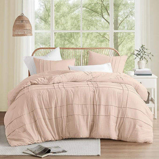 Comfort Spaces Blush Full Size Comforter Set - 3 Pieces Pintuck Pleated Bedding Sets, All Season Lightweight, Extra Softness Pre-Washed Microfiber Full Bed Set, Shams, Full