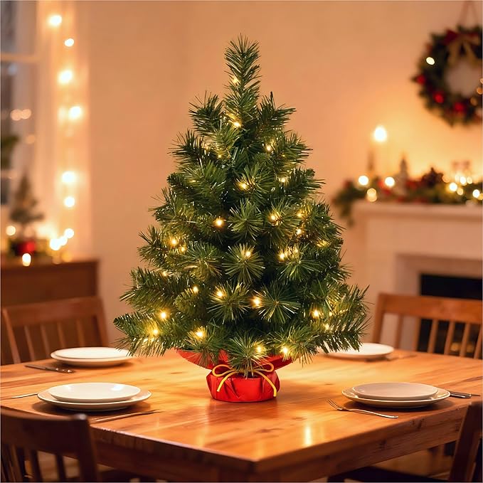 Pre-Lit 2ft Small Christmas Tree, Tabletop Christmas Trees with 50 LED Lights, Mini Artificial Xmas Tree for Table,Desk,Home,Office,Christmas Decor
