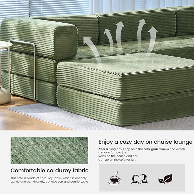 Folding Sofa Bed Convertable Corduroy Couch King Size Floor Sleeper 4-in-1 DIY Combination Modular Sofa Fold Out Futon Lounge Comfy Foldable Lazy cama for Living Room (Green)