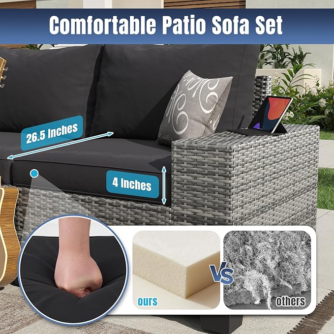 Aoxun 7 Pieces Patio Furniture Set with 40” Fire Pit Table Wicker Rattan Outdoor Sectional Conversation Set with Coffee Table and 4” Thickened Cushions, Blue(Waterproof Cover Included)