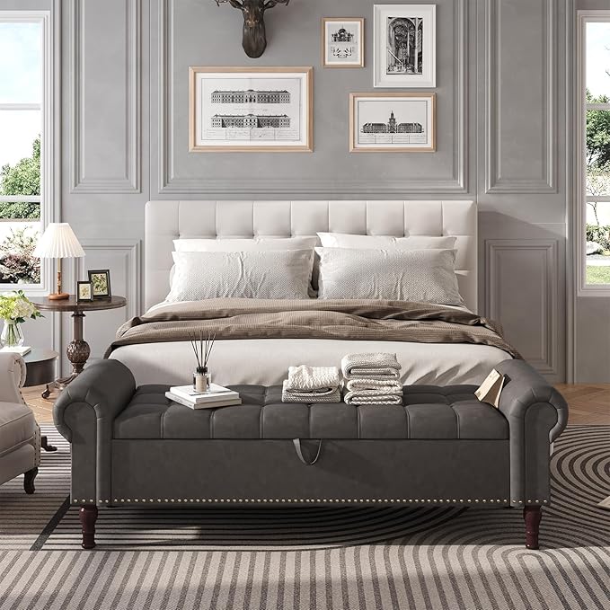 Apicizon 60” Bench with Storage, Upholstered Tufted Button Bedroom Bench with Storage, Faux Leather End of Bed Bench with Rolled Arms, Storage Ottoman Bench for Bedroom, Living Room, Entryway, Gray