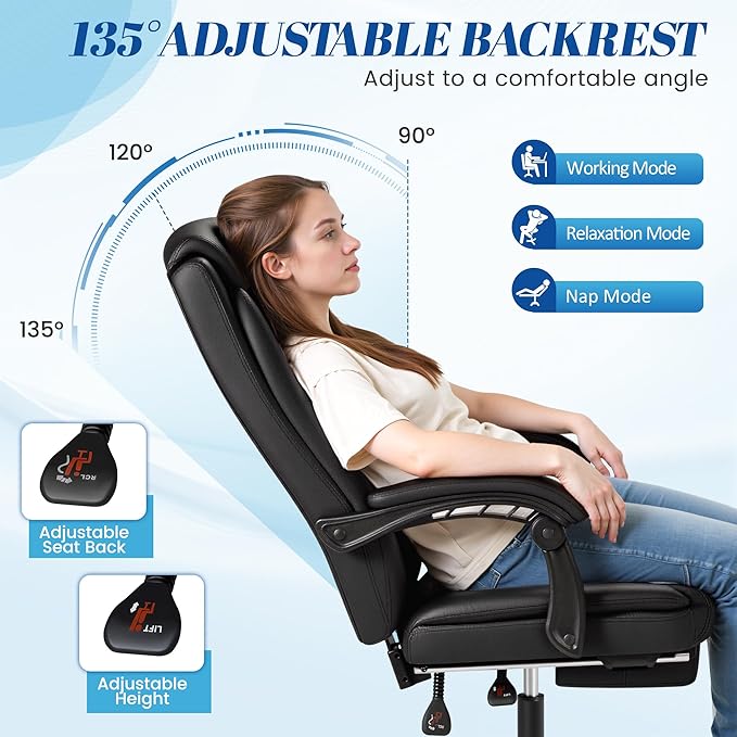 Furmax Office Chair with Footrest Ergonomic High Back Design Executive Computer Desk Chair400lbs, 90-135° Reclining Leather Home Office Desk Chairs Swivel Task Chairs with Wheels(Black)