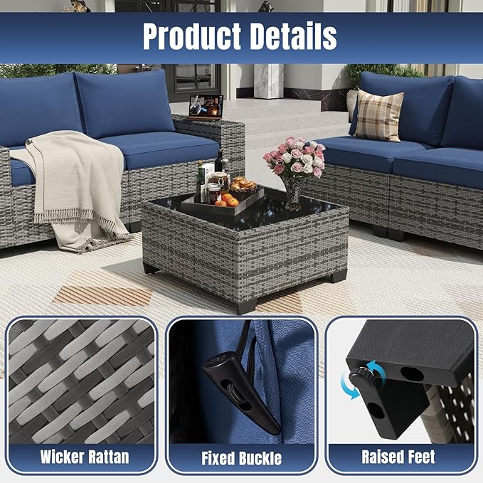 Aoxun 7 Pieces Patio Furniture Set with 44” Fire Pit Table Wicker Rattan Outdoor Sectional Conversation Set with Coffee Table and 4” Thickened Cushions, Gray/Blue(Waterproof Cover Included)
