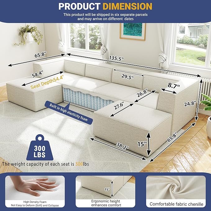 136" 6-Piece Sectional Sofa Modular Couches,L-U-Shaped with Chaise,for Living Room,Compressed Foam No Assembly,for Living Room (2xArmless Corner Ottoman) Fabric Chenille Beige