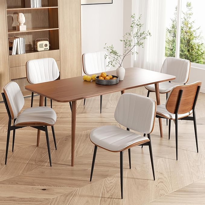 Dining Chairs Set of 6, Mid Century Modern Dining Room Chair, Upholstered Faux Leather Kitchen Chairs with Walnut Bentwood Back and Metal Legs for Kitchen Dining Room Living Room, White