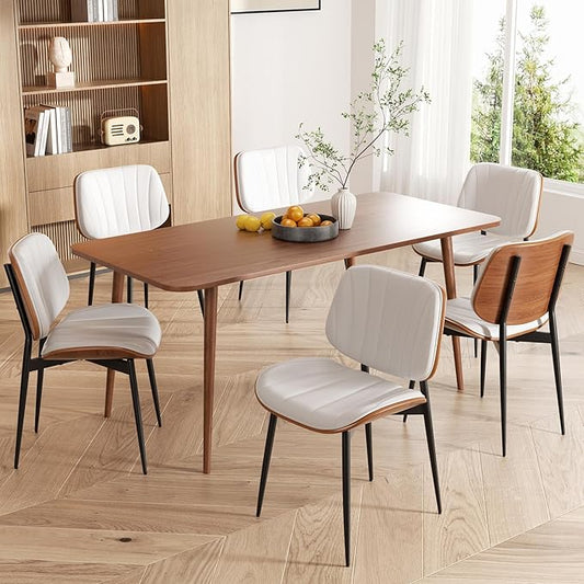 Dining Chairs Set of 6, Mid Century Modern Dining Room Chair, Upholstered Faux Leather Kitchen Chairs with Walnut Bentwood Back and Metal Legs for Kitchen Dining Room Living Room, White
