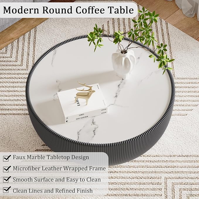 Round Coffee Table Set with Sintered Stone Tabletop, 27.56" Grey Drum Center Table and 19.69" Orange Coffee Table Set, 2 Pieces Living Room Table Set with Fluted PU Leather Cover& Metal Base