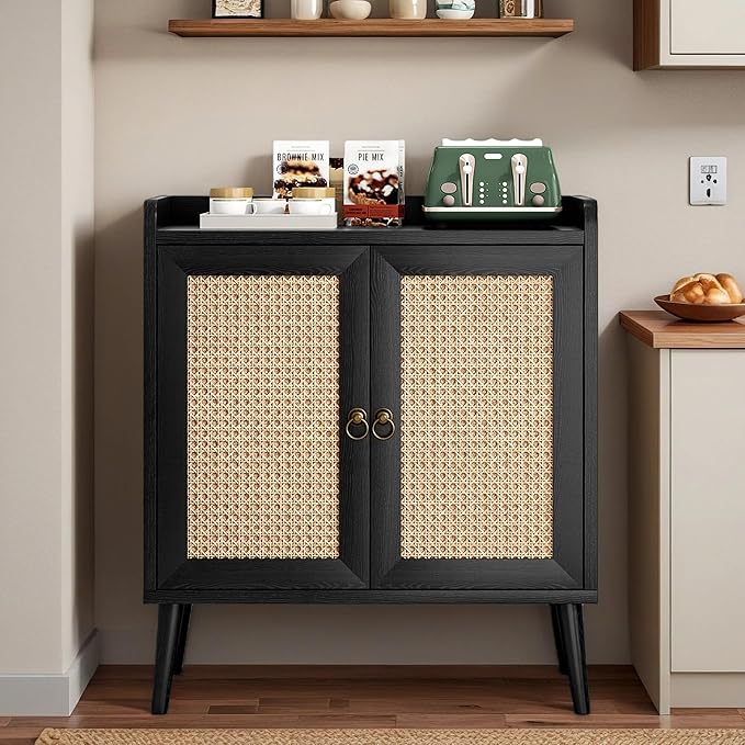 26" Rattan-Door Sideboard Cabinet with Round Pull Rings, 2-Door Credenza Buffet with Generous Storage, Modern Accent Cabinet for Living Room & Kitchen, Black