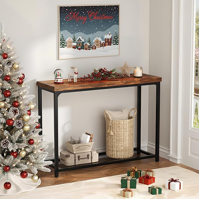 32" Small Console Table, 2-Tier Narrow Entryway Table, Sofa Table with Mesh Shelves, Console Tables for Living Room, Hallway, Entryway, Farmhouse Console Table with Storage, Rustic Brown