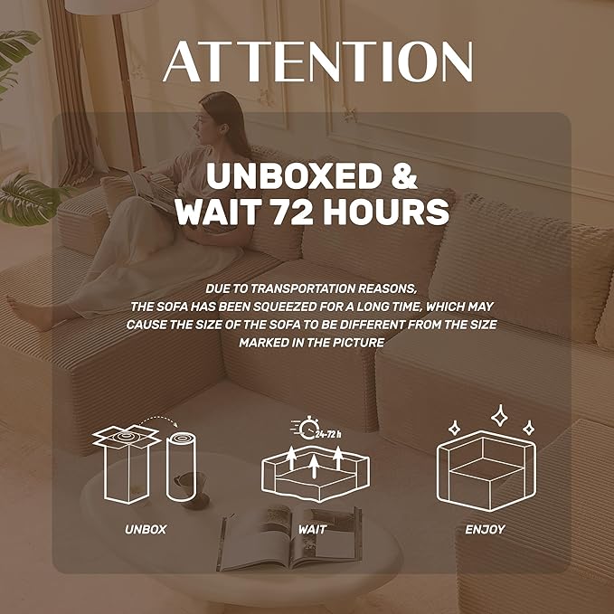 138" Boneless Couch with Deep Seat, Modular Sectional Sofa, Cloud Sectional Couch for Living Room, No Assembly Required, Corduroy, U-Shape 4 Seater Left, Camel