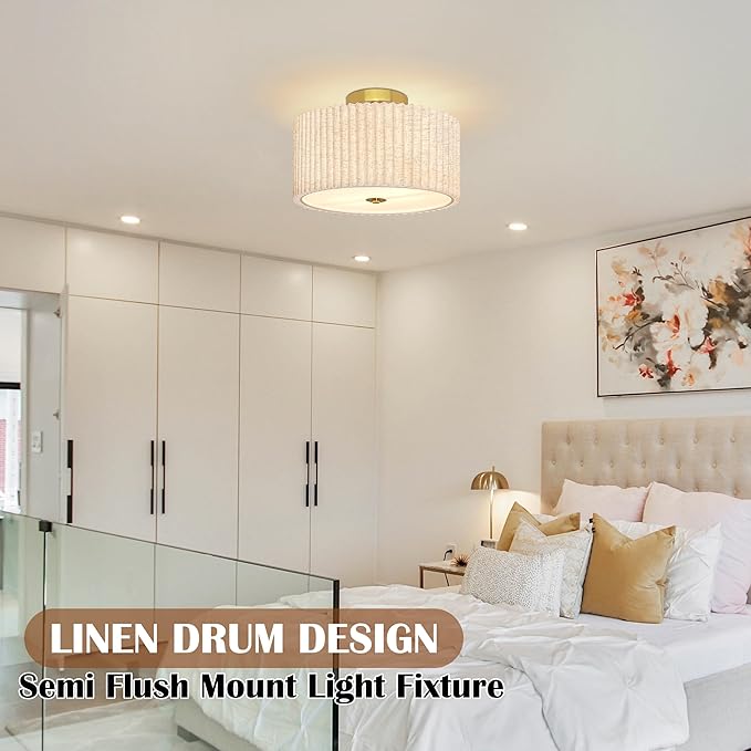 2 Light Semi Flush Mount Ceiling Light Fixture 12.6 Inch Modern Gold Drum Ceiling Light Fixture with Pleated Fabric Shade Dimmable Close to Ceiling Light for Living Room Hallway Bedroom Entryway