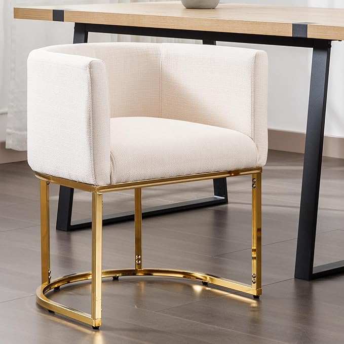Linen Fabric Dining Chair Modern Barrel Arm Chairs with Golden Frame, Upholstered Kitchen Chairs 18.5" Wide Accent Chair for Living Room Dining Room Restaurant, Cream