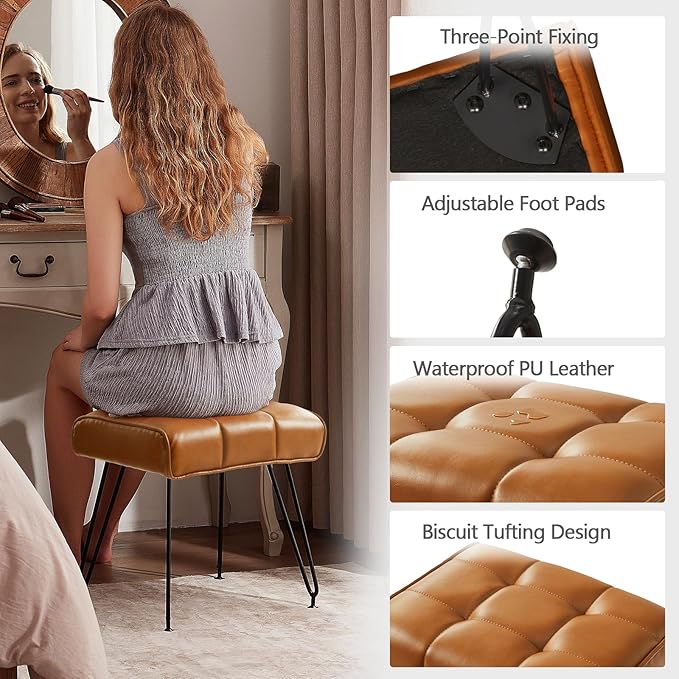 PU Leather Vanity Stools, Vanity Stool Chairs for Makeup Faux Leather Foot Stools Ottoman with Metal Leg Make up Chairs for Vanity Small Bench Seat for Living Room Bedroom (Yellow Brown)