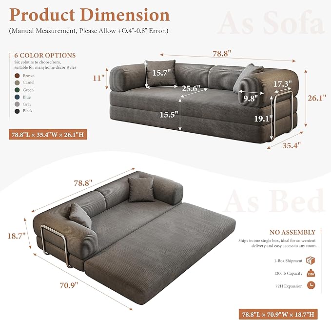 Boneless Couch Sectional Sofa,Convertible Sofa Bed with Sleeper Sofa,Futon Floor Couch Folding Sofas for Living Room,Bedroom,Apartment (Grey, 78.8''W)