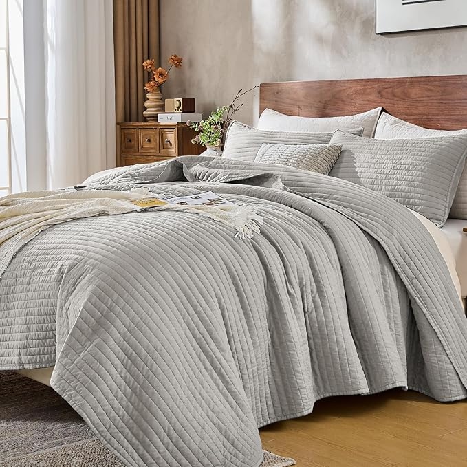 DOWN HOME Twin Quilt Bedding Set with Sham, Vintage Washed Soft Quilted Blanket Thin Comforter Lightweight Bedspread Coverlet Bed Cover, Brushed Microfiber Stripe Stitching, Light Gray, 66"x92"