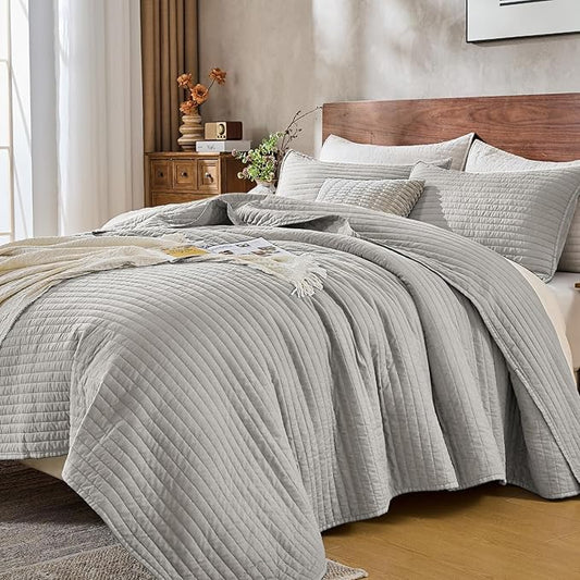 DOWN HOME Twin Quilt Bedding Set with Sham, Vintage Washed Soft Quilted Blanket Thin Comforter Lightweight Bedspread Coverlet Bed Cover, Brushed Microfiber Stripe Stitching, Light Gray, 66"x92"