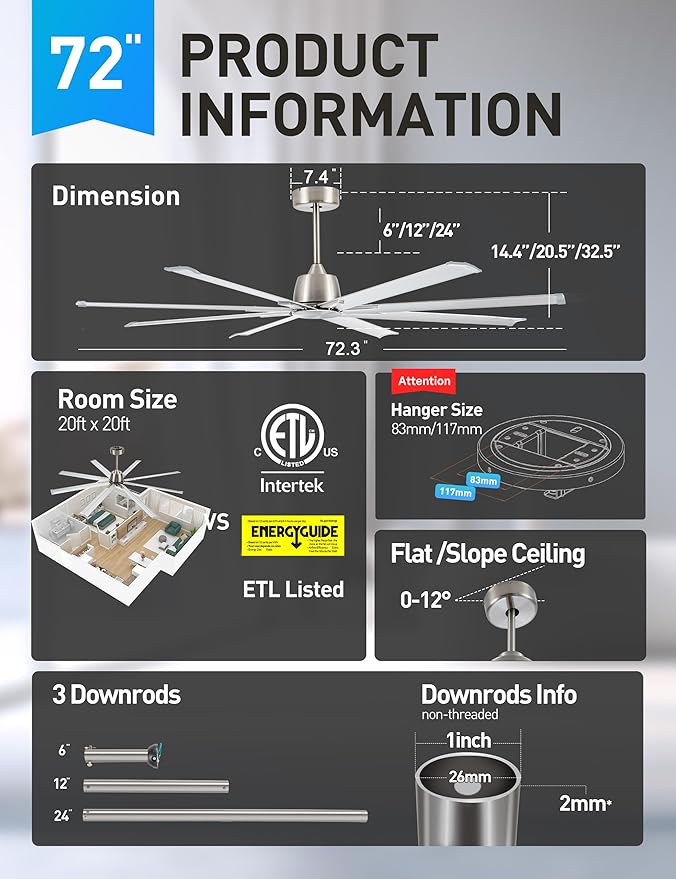 72 Inch Ceiling Fan Without Light with 8 Brushed Nickel Aluminum Blades,Industrial Ceilin fan with Remote,6 Speed,Quiet DC Motor,Large Outdoor Indoor Ceiling Fan for Patio,Garage,Living Room