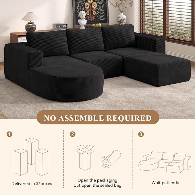 Boneless Couches for Living Room 104",Modular Sectional Sofa with Ottoman,Cloud Couch in a Box,Sponge Compression U Shaped Sofas with Chaise No Assembly Required(Black-Corduroy Fabric) 1pcs