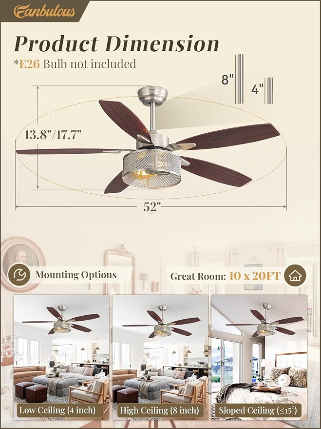 Fanbulous Farmhouse Brushed Nickel Ceiling Fans with Lights and Remote, 52 Inch Bedroom Caged Ceiling Fans for Living Room Kitchen，6 Speed Reversible Quiet DC Motor, Dual Finish 5 Blades