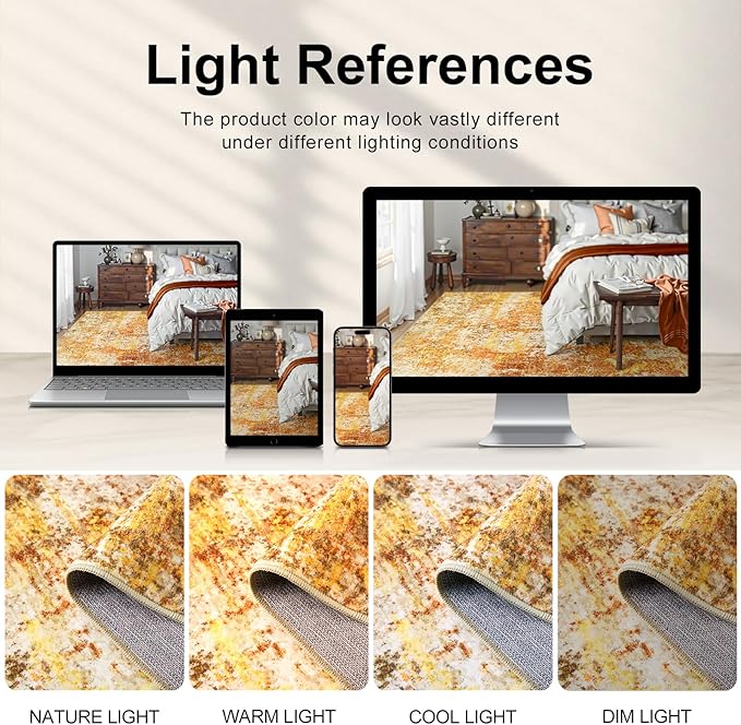 Washable Area Rugs for Living Room - 10x14 Abstract Modern Rug Neutral Soft Rug Stain Resistant Non-Shedding No Slip Low Pile Large Carpet for Bedroom Dining Room Nursery Home Office - Orange/Gold