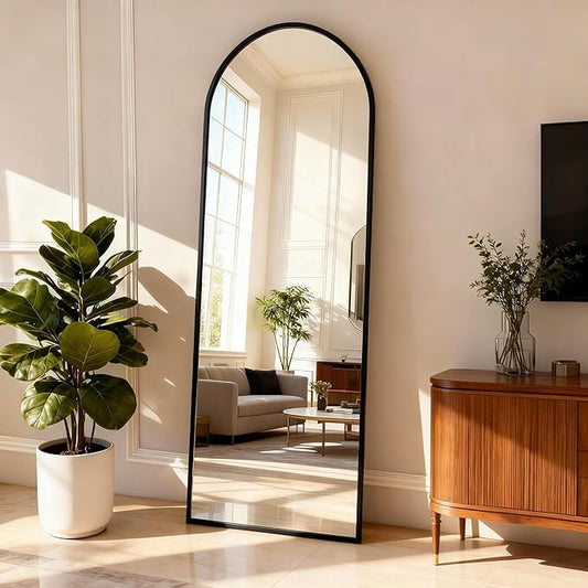 Arched Full Length Mirror,64" L x 20" W Floor Mirror, Aluminum Alloy Frame, Shatterproof Glass - Free Standing, Leaning or Wall Mounted for Bedroom, Living Room, Entryway, Modern Home (Black)