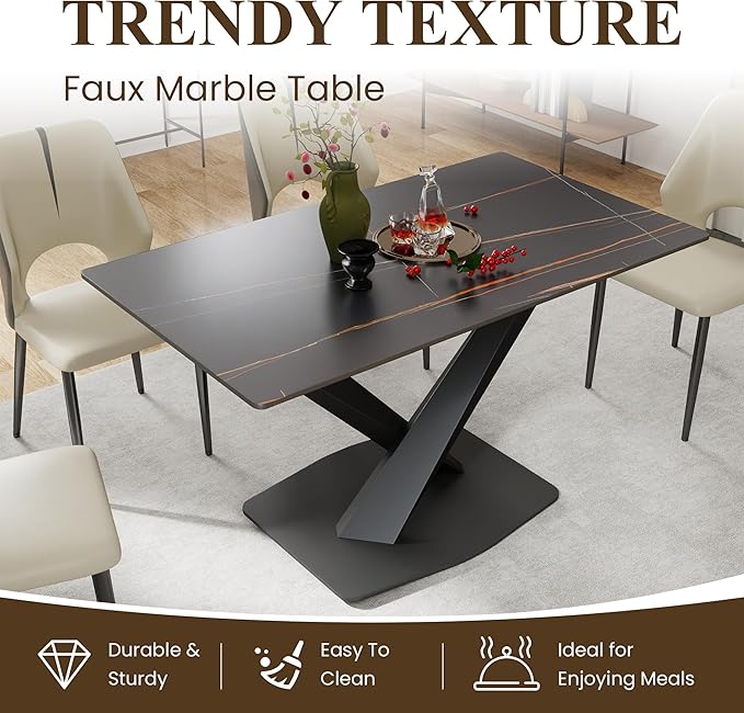 55" Modern Dining Table for 4-6 People, Black Sintered Stone Table Top with X-Shape Carbon Steel Pedestal, Large Rectangular Table for Kitchen Living Room