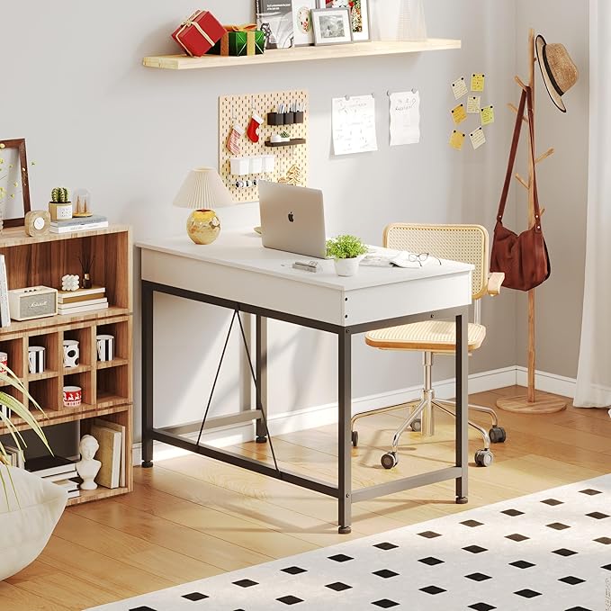 Mexin Small White Desk with 2 Wooden Drawers, 40 Inch Home Office Writing Desk, White Vanity Desk with Storage, Computer Desk for Bedroom Small Spaces, Table for Office, Work, Kids Study, Makeup