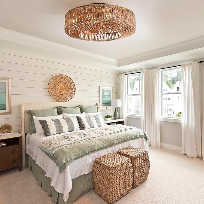 20" Boho Caged Fandelier with Lights Flush Mount Rattan Ceiling Fan with Lights and Remote Control, Enclosed 6 Speeds Low Profile Fan Light for Bedroom, Living Room, Kitchen