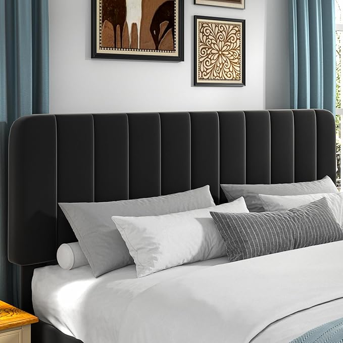 VECELO King Size Bed Frame with Upholstered Headboard, Velvet Platform Bedframe Mattress Foundation, Strong Wood Slat Support, No Box Spring Needed,Black