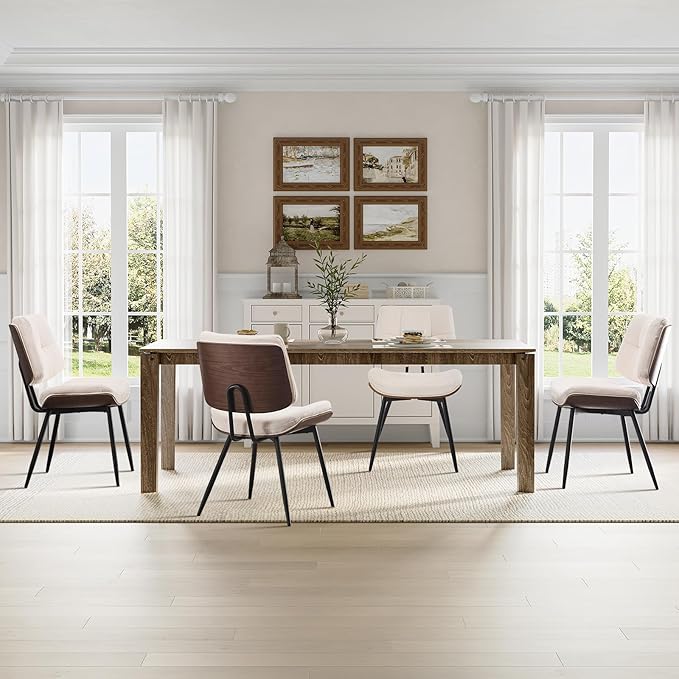 Dining Chairs Set of 4,Mid Century Modern Kitchen Chairs with Walnut Bentwood Back and Metal Legs,Upholstered Fabric Dining Room Chairs for Kitchen, Living Room,Beige