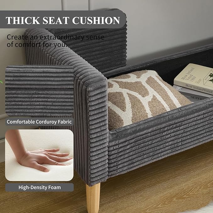 NIOIIKIT 65" Large Storage Ottoman Bench with 2 Pillows, Corduroy Upholstered Entryway Bench with Wood Leg, End of Bed Bench with Straight Armrest, Window Bench for Bedroom, Entryway (Dark Grey)