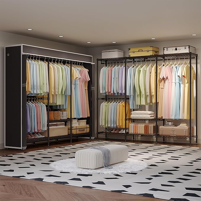 H8 Garment Rack with Cover, Portable Closet for Hanging Clothes, Heavy Duty Clothes Rack Wardrobe Closet Organizer and Storage, Black Clothing Rack Shelf with Black Fabric Cover