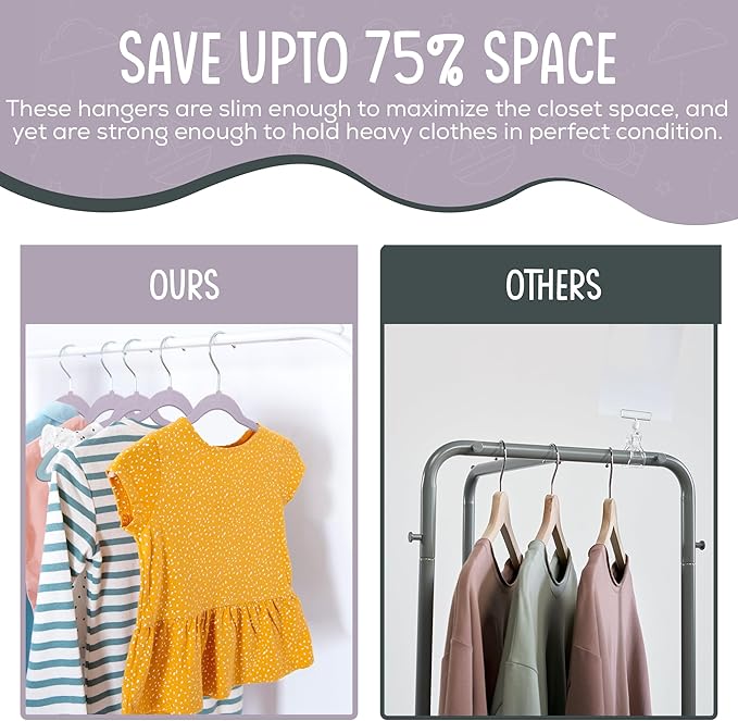 50 Premium Kids Velvet Hangers - 14'' Non-Slip, Ultra-Slim & Space-Saving Hangers - 360° Swivel Hook, Strong & Durable for Children & Preteens - Purple