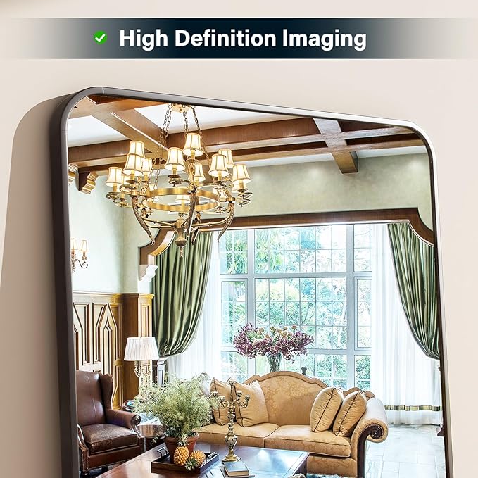 64"x21" Full Length Mirror, Full Body Rounded Corner Rectangle Mirrors with Stand, Standing or Leaning Metal Framed Floor Mirror, Wall Mounted Mirrors Hang Horizontally or Vertically, Black