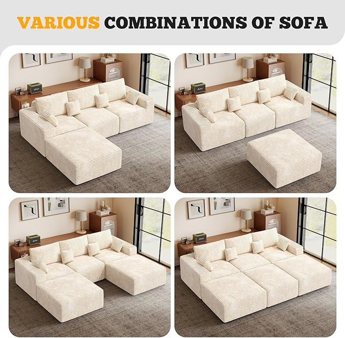 113" Modular Sectional Sofa, Convertible U-Shaped Cloud Couches for Living Room with Ottoman, 5 Seater Corduroy Boneless Couch Sofa Set, No Assembly Required, Beige 1 PCS