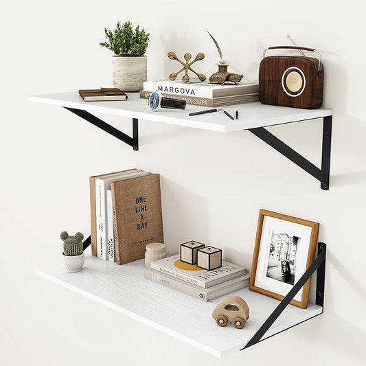 Heimlove White Deep Floating Shelves for Wall, 24W x 12D Wood Wall Shelves Set of 2, Wide Floating Bookshelf for Living Room, Kitchen, Office, Bedroom and Decor Storage, with Black Bracket - White