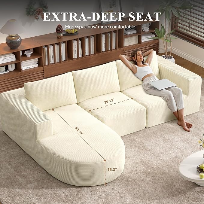 Modular Sectional Sofa with L-Shape Chaise,Cloud Sectional Modern Sleeper Couch with Deep Seat,Sponge Compression Sofas No Assembly Required (Beige-Corduroy Fabric)