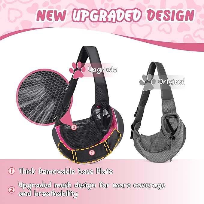Upgraded Breathable Mesh Dog Sling Carrier for Small Dogs & Cats Up to 10lbs-Detachable Hard Bottom,Adjustable Strap & Large Pocket-Hands-Free Pet Carrier for Women Travel Walking Hiking (Pink Size M)