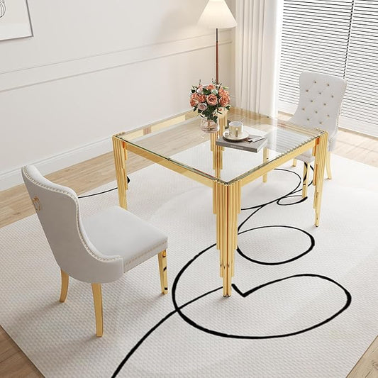 3 Piece Glass Dining Table Set, 35" Square Glass Kitchen Table with 2 White Velvet Upholstered Chairs, Gold Dining Table for 2 with Chairs Set for Kitchen, Living Room