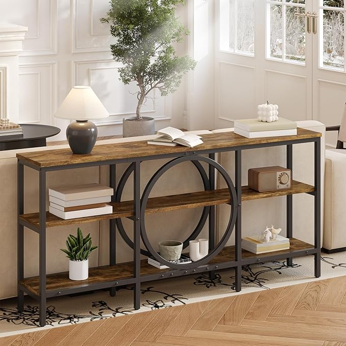 66.9 inch Console Table, 3 Tier Sofa Tables Narrow Long Wood Farmhouse Console Table with Storage Industrial Foyer Tables for Entryway, Hallway, Living Room (Vintage Brown+Black)