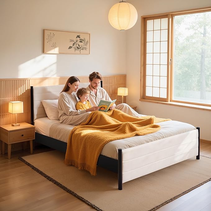 Hokway Bed Frame Upholstered Platform Bed with Headboard Wooden Slat Support No Box Spring Needed(King, Beige)