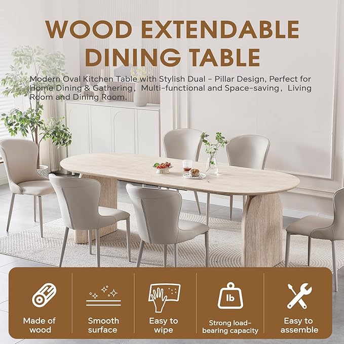59"-90.5" Extendable Dining Table,Large Wood Dining Room Table with Slatted Pedestal Base,Rustic Oval Dining Table with Dual Pedestal Base(Easy to Assemble)