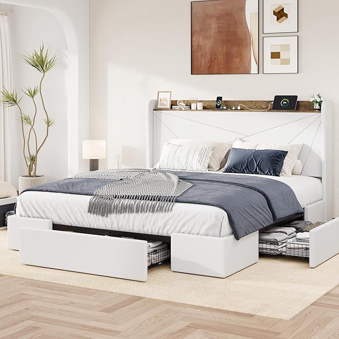 Allewie King Size Velvet Bed Frame with 3 Storage Drawers, Upholstered Platform Bed with Wingback Storage Headboard and USB Ports, No Box Spring Needed, Easy Assembly, White