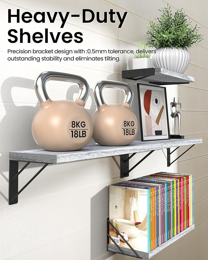 BAYKA Wall Shelves for Bedroom Decor, Floating Shelves for Living Room Kitchen Storage, Wall Mounted Rustic Wood Floating Shelves for Kids Books, Corner Shelf for Bathroom(Gray White，Set of 4)