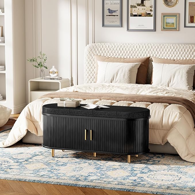 DHH Entryway Bench with Shoe Storage Fluted Shoe Storage Sliding Door and Adjustable Shelf with Cushion,2-Tier Shoe Rack Cabinet for Entryway, Bedroom, Living Room(Black)